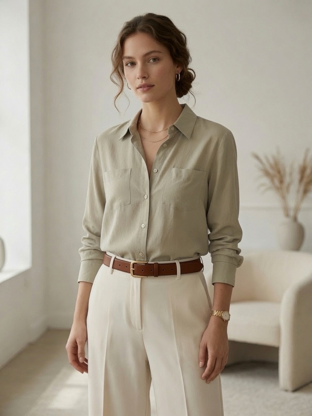 Express Sage Green Silk Stretch Button Up Shirt Chest Pockets Size 1/2 - Picture 11 of 12